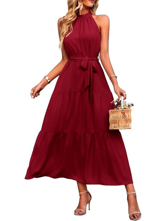 Dresses & Skirts - Women's Solid Wine Red Sleeveless Halter Neck High Waist Backless Maxi Dress